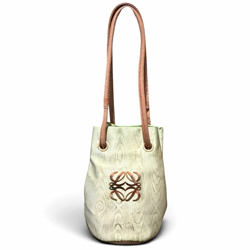 Loewe Vintage Anagram Bucket Bag Sage Green Moire Fabric Leather Straps
